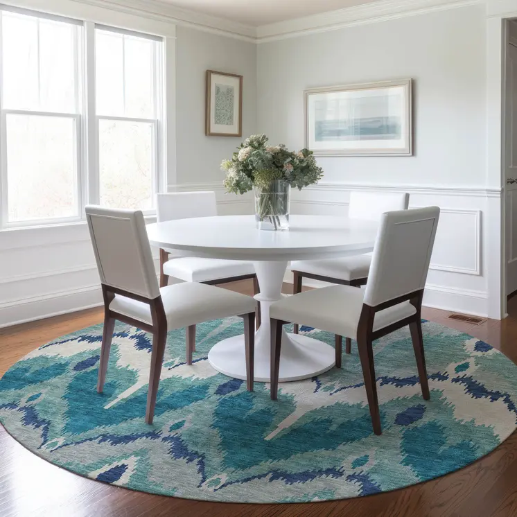 8' Teal Blue Navy Blue And Ivory Round Ikat Washable Indoor Outdoor Area Rug