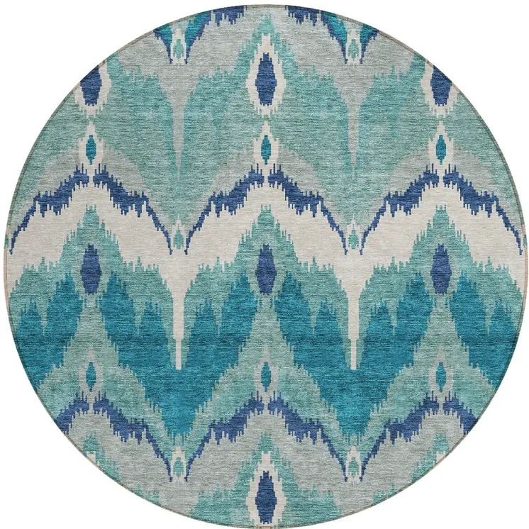 8' Teal Blue Navy Blue And Ivory Round Ikat Washable Indoor Outdoor Area Rug