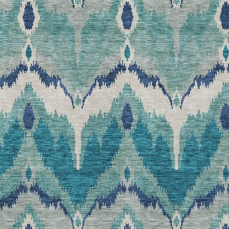 10' X 14' Teal Blue Navy Blue And Ivory Ikat Washable Indoor Outdoor Area Rug