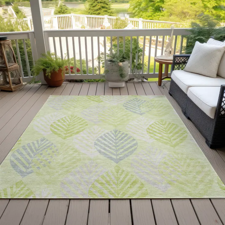 8' X 10' Artichoke Green And Ivory Floral Washable Indoor Outdoor Area Rug