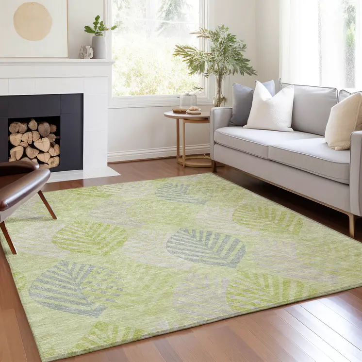 8' X 10' Artichoke Green And Ivory Floral Washable Indoor Outdoor Area Rug