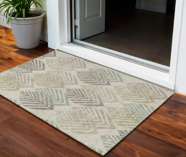 3' X 5' Beige Taupe And Artichoke Green Floral Washable Indoor Outdoor Area Rug