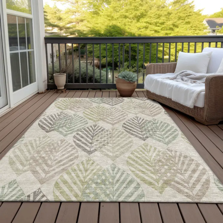 3' X 5' Beige Taupe And Artichoke Green Floral Washable Indoor Outdoor Area Rug