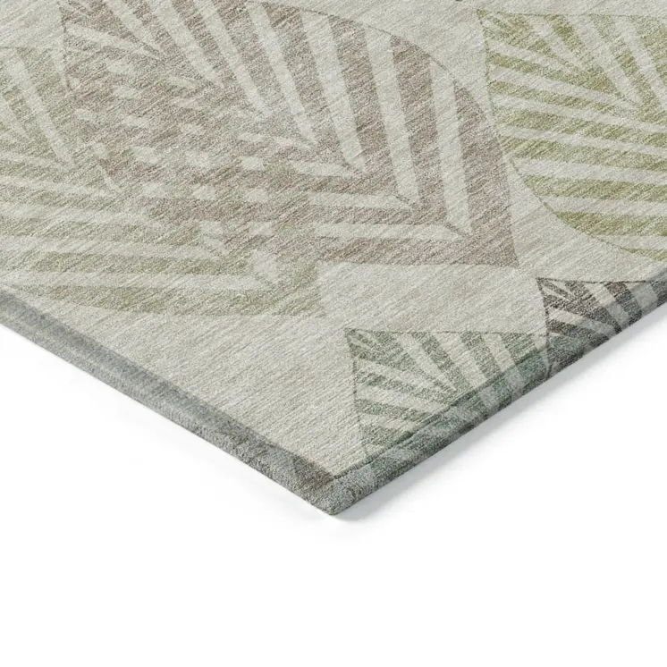 3' X 5' Beige Taupe And Artichoke Green Floral Washable Indoor Outdoor Area Rug