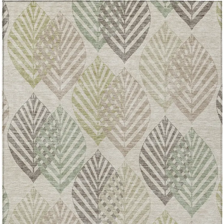 3' X 5' Beige Taupe And Artichoke Green Floral Washable Indoor Outdoor Area Rug