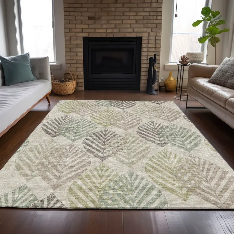 3' X 5' Beige Taupe And Artichoke Green Floral Washable Indoor Outdoor Area Rug