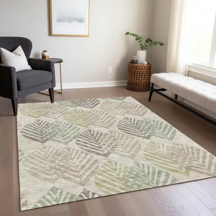 5' X 8' Beige Taupe And Artichoke Green Floral Washable Indoor Outdoor Area Rug