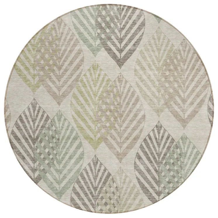 8' Beige Taupe And Artichoke Green Round Floral Washable Indoor Outdoor Area Rug