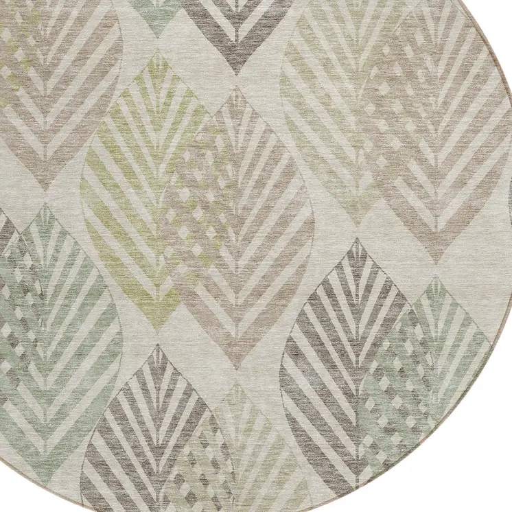 8' Beige Taupe And Artichoke Green Round Floral Washable Indoor Outdoor Area Rug