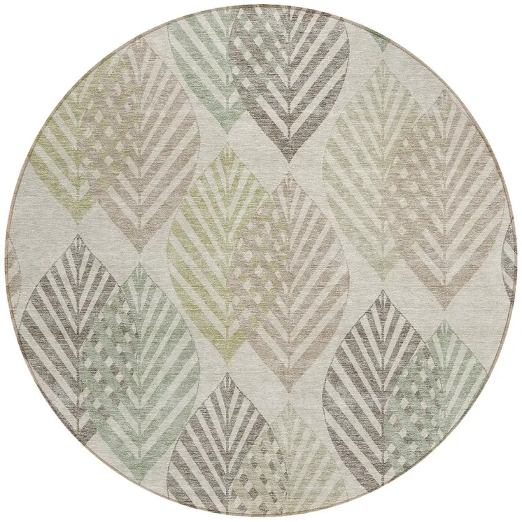 8' Beige Taupe And Artichoke Green Round Floral Washable Indoor Outdoor Area Rug