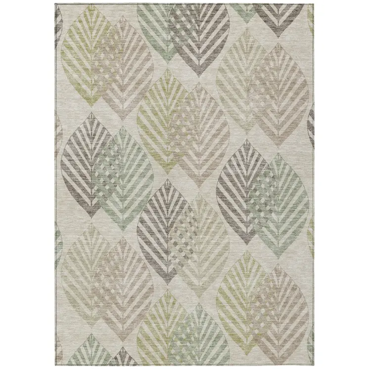 10' X 14' Beige Taupe And Artichoke Green Floral Washable Indoor Outdoor Area Rug
