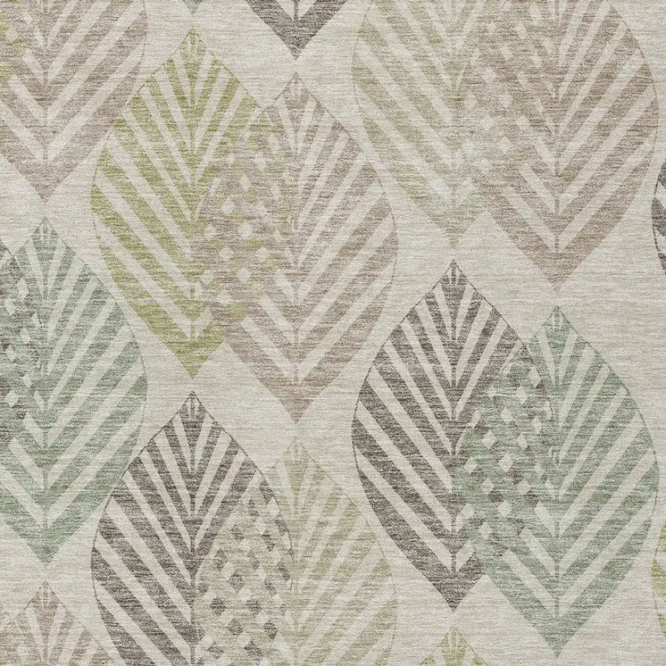 10' X 14' Beige Taupe And Artichoke Green Floral Washable Indoor Outdoor Area Rug