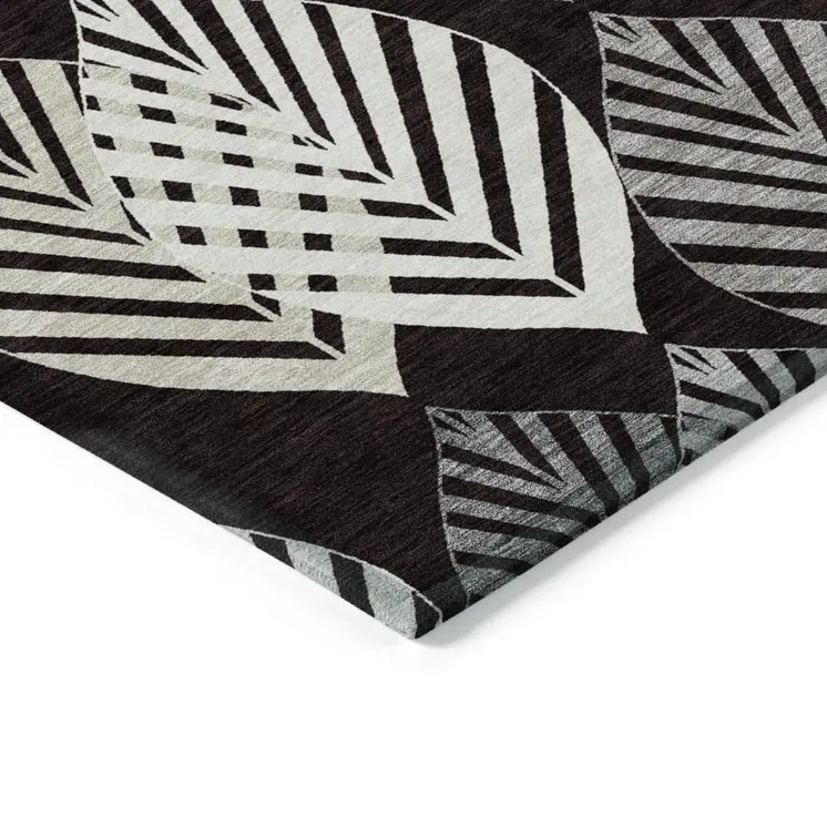 3' X 5' Black Silver And Charcoal Floral Washable Indoor Outdoor Area Rug
