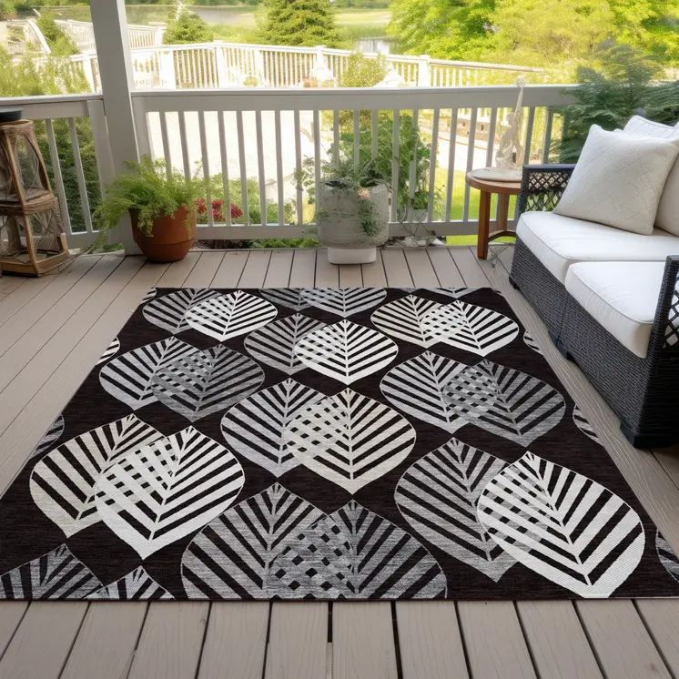 5' X 8' Black Silver And Charcoal Floral Washable Indoor Outdoor Area Rug