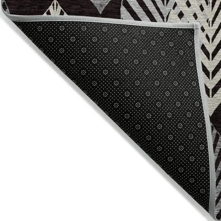 5' X 8' Black Silver And Charcoal Floral Washable Indoor Outdoor Area Rug