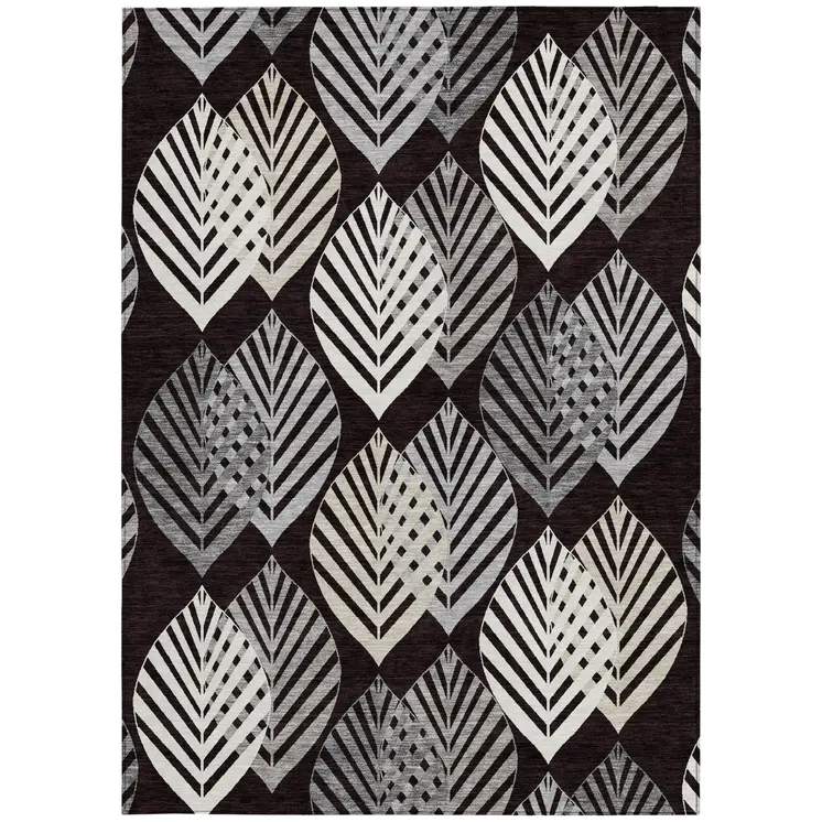 5' X 8' Black Silver And Charcoal Floral Washable Indoor Outdoor Area Rug