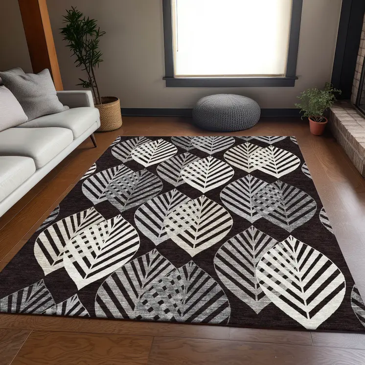 5' X 8' Black Silver And Charcoal Floral Washable Indoor Outdoor Area Rug