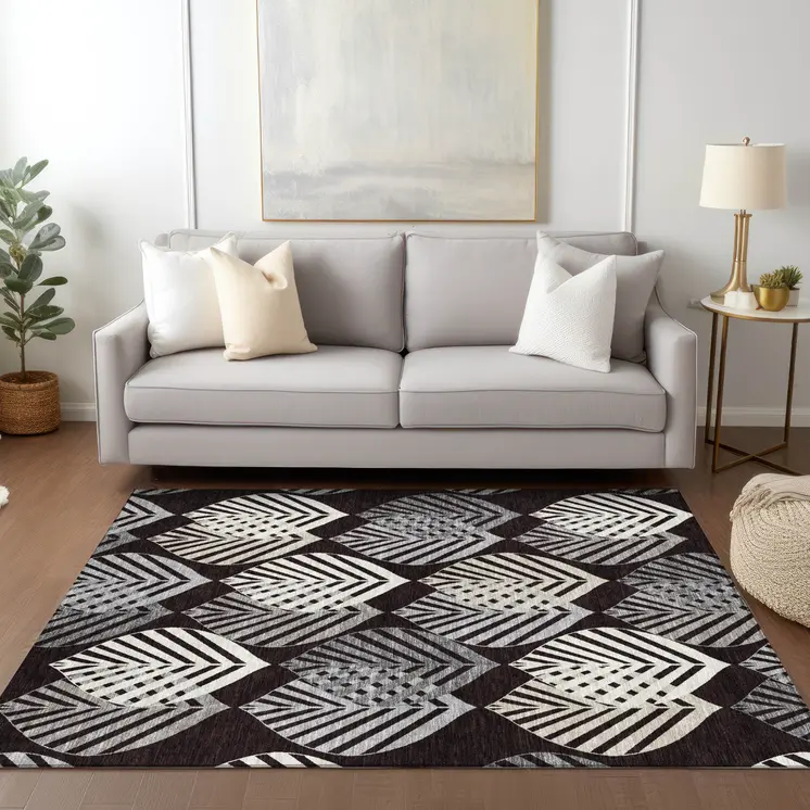 5' X 8' Black Silver And Charcoal Floral Washable Indoor Outdoor Area Rug
