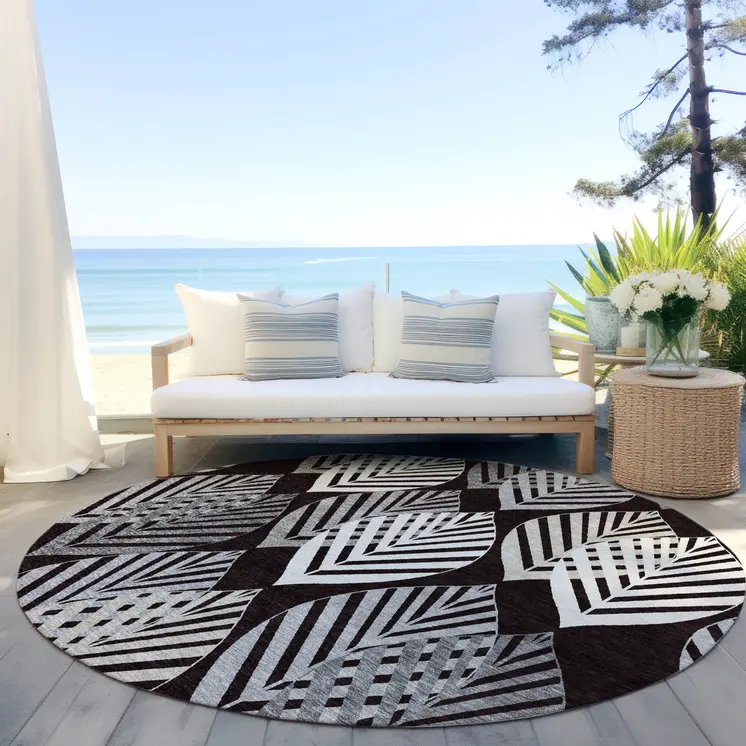 8' Black Silver And Charcoal Round Floral Washable Indoor Outdoor Area Rug