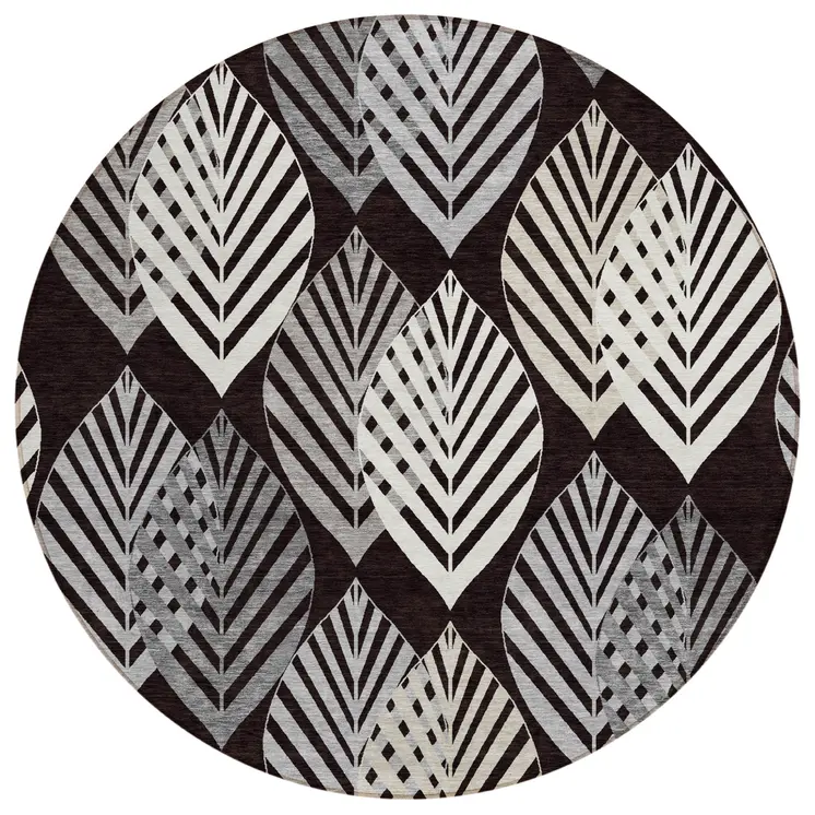 8' Black Silver And Charcoal Round Floral Washable Indoor Outdoor Area Rug