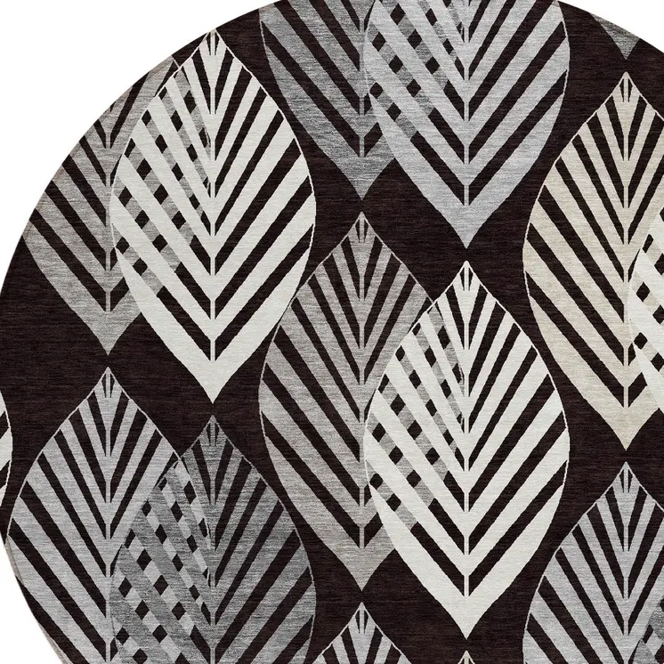 8' Black Silver And Charcoal Round Floral Washable Indoor Outdoor Area Rug