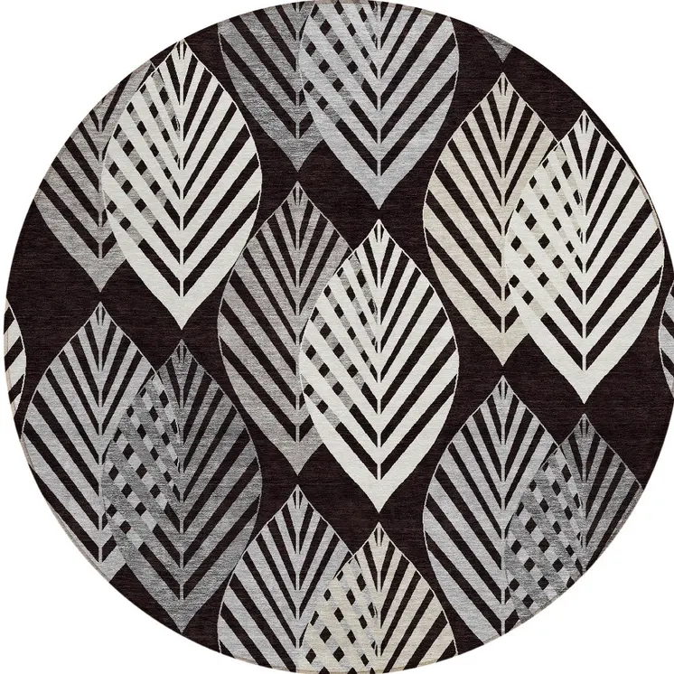 8' Black Silver And Charcoal Round Floral Washable Indoor Outdoor Area Rug