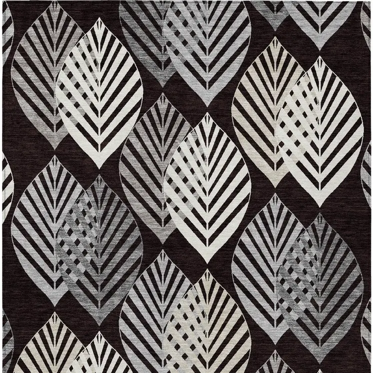 10' X 14' Black Silver And Charcoal Floral Washable Indoor Outdoor Area Rug
