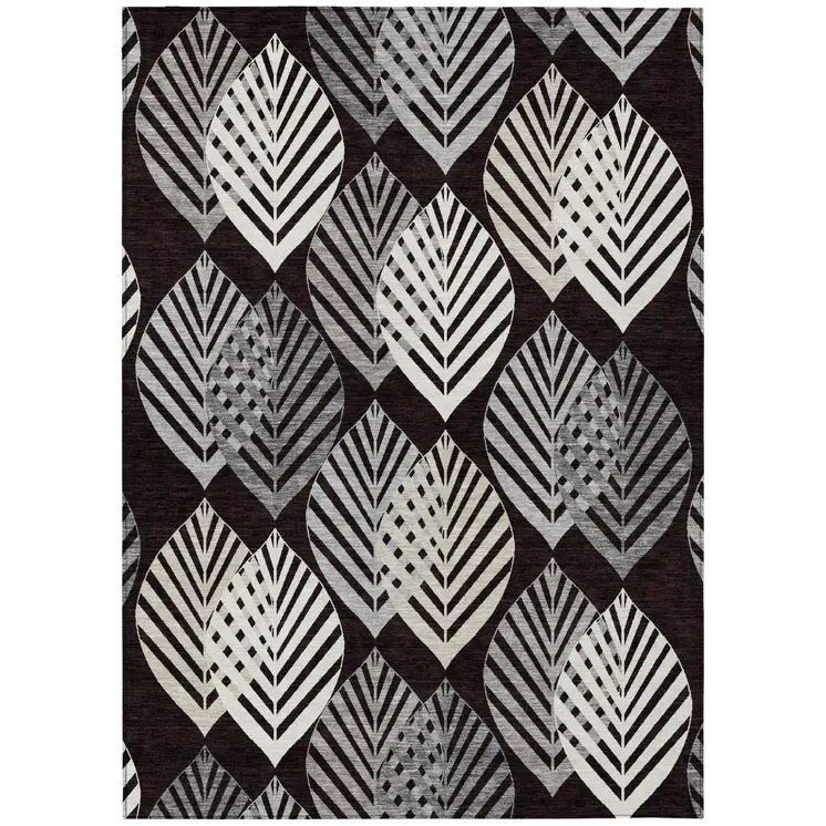 10' X 14' Black Silver And Charcoal Floral Washable Indoor Outdoor Area Rug