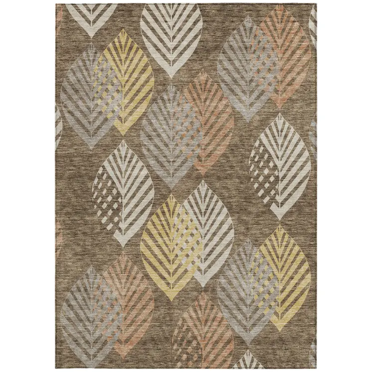 3' X 5' Chocolate Beige And Gray Floral Washable Indoor Outdoor Area Rug