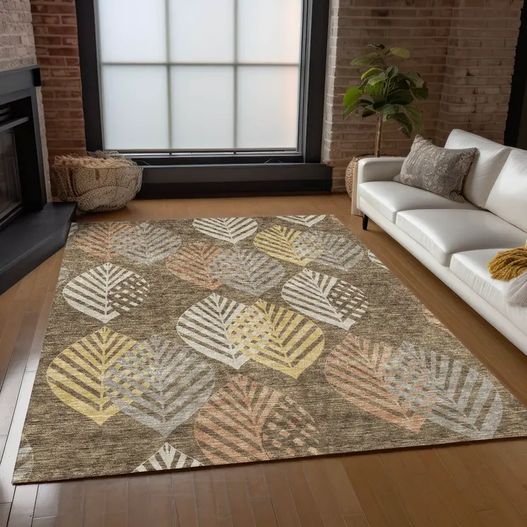 3' X 5' Chocolate Beige And Gray Floral Washable Indoor Outdoor Area Rug