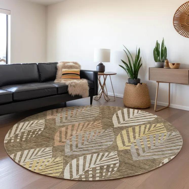 8' Chocolate Beige And Gray Round Floral Washable Indoor Outdoor Area Rug