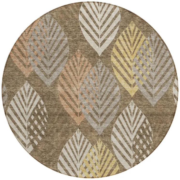 8' Chocolate Beige And Gray Round Floral Washable Indoor Outdoor Area Rug