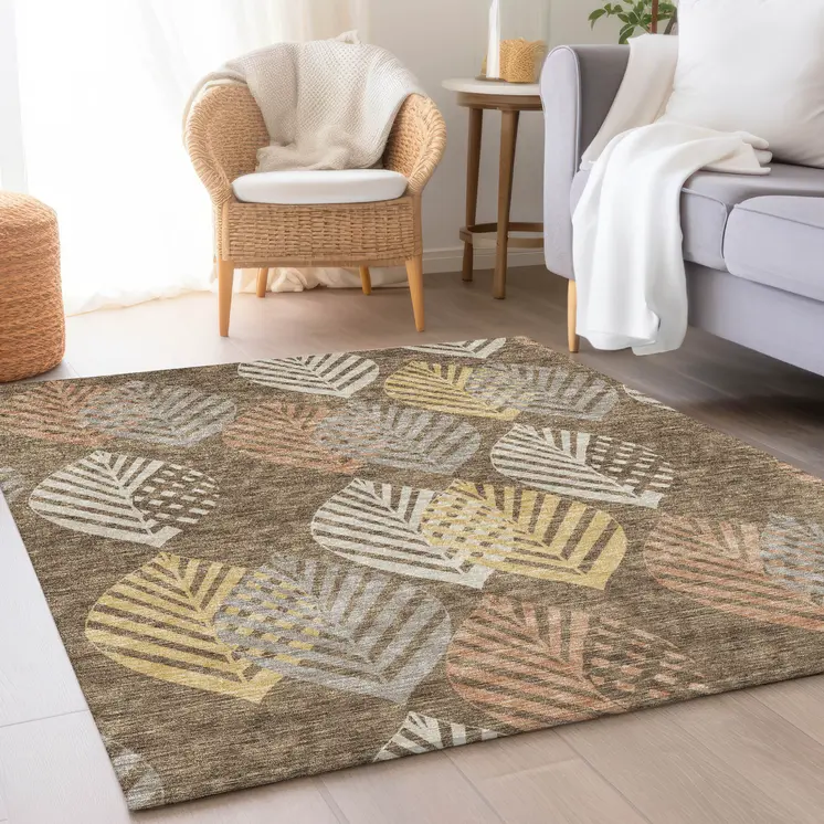 8' X 10' Chocolate Beige And Gray Floral Washable Indoor Outdoor Area Rug