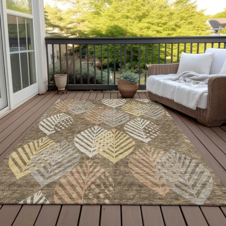 10' X 14' Chocolate Beige And Gray Floral Washable Indoor Outdoor Area Rug