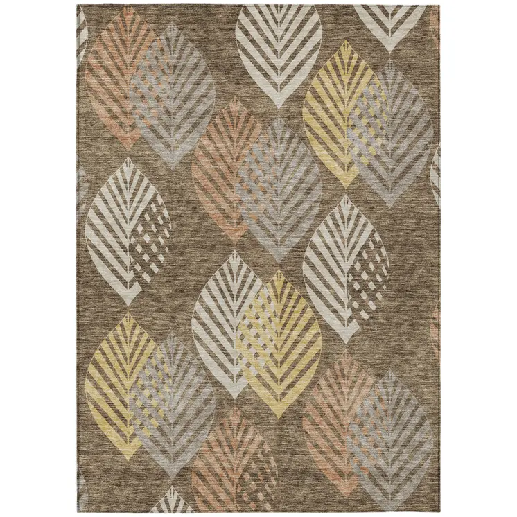 10' X 14' Chocolate Beige And Gray Floral Washable Indoor Outdoor Area Rug