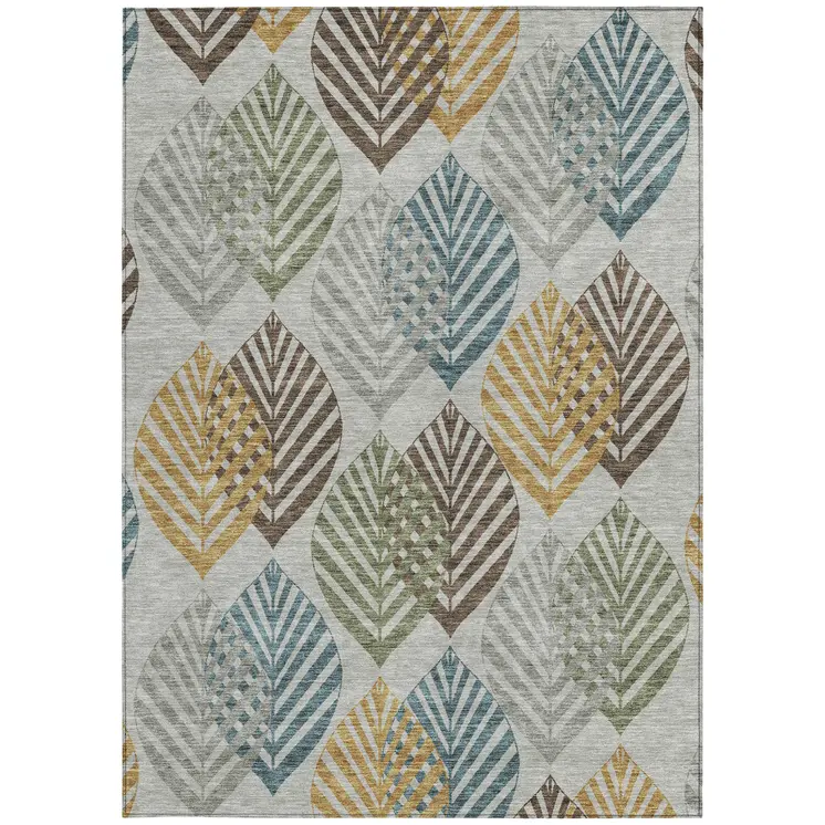 5' X 8' Gray Silver And Teal Blue Floral Washable Indoor Outdoor Area Rug