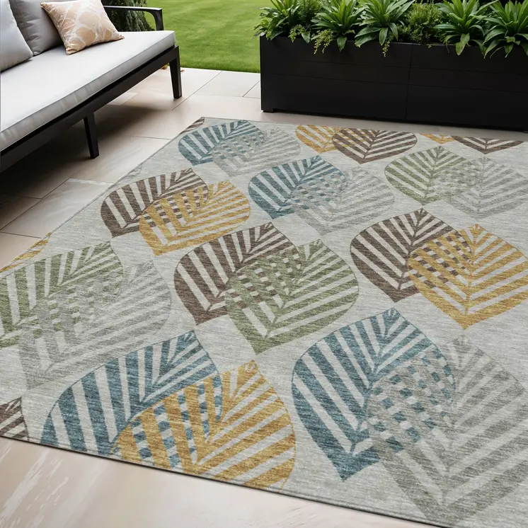 5' X 8' Gray Silver And Teal Blue Floral Washable Indoor Outdoor Area Rug