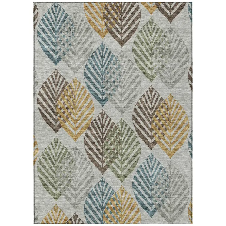 5' X 8' Gray Silver And Teal Blue Floral Washable Indoor Outdoor Area Rug