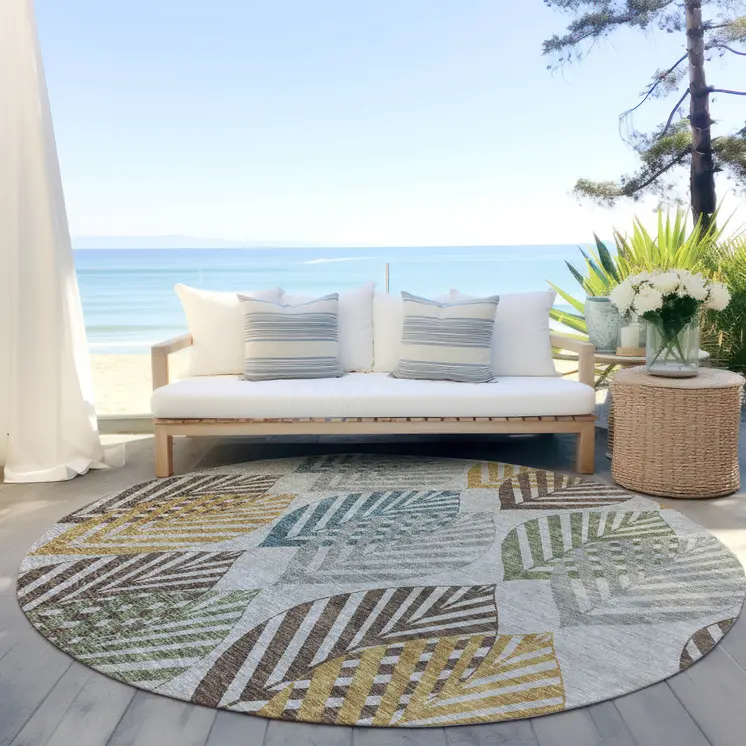 8' Gray Silver And Teal Blue Round Floral Washable Indoor Outdoor Area Rug