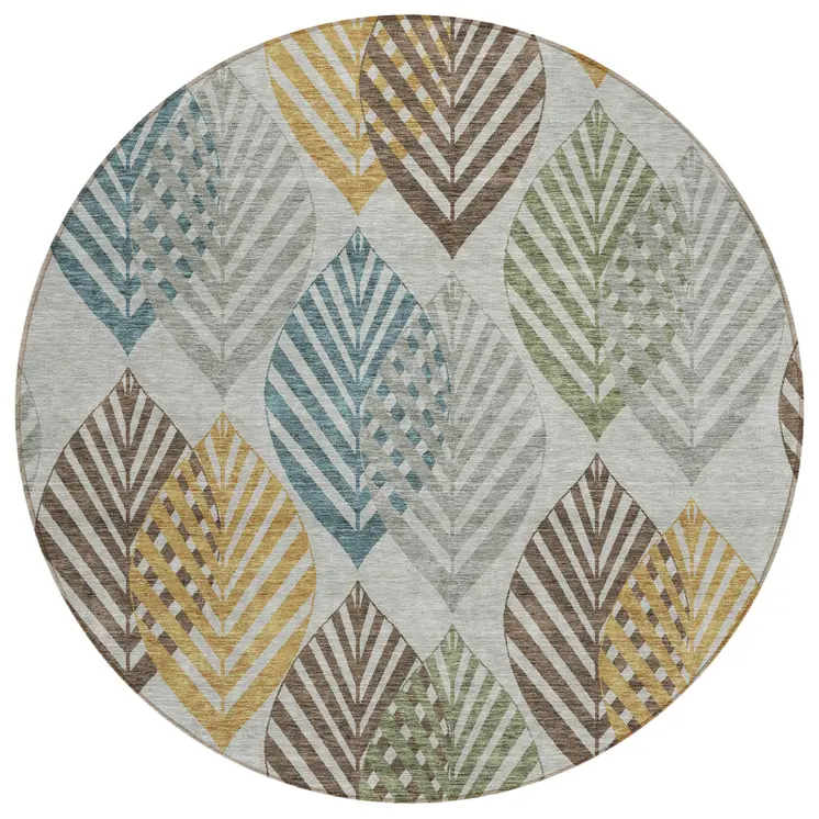 8' Gray Silver And Teal Blue Round Floral Washable Indoor Outdoor Area Rug