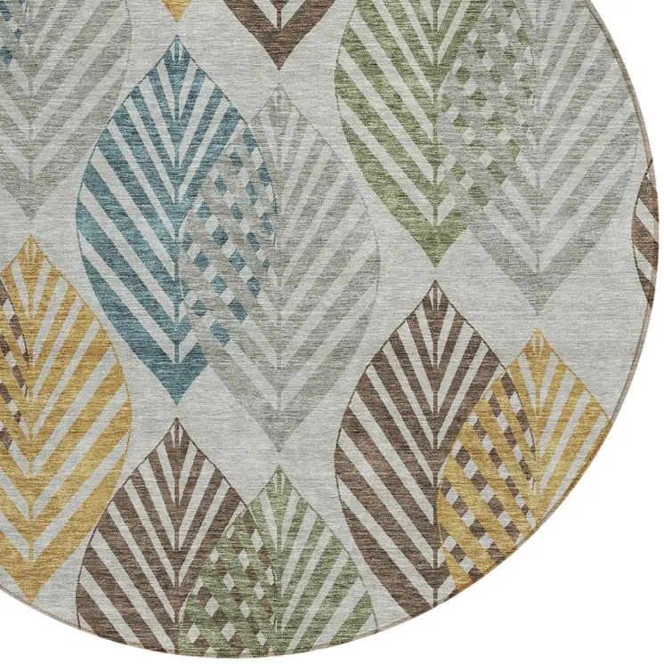 8' Gray Silver And Teal Blue Round Floral Washable Indoor Outdoor Area Rug