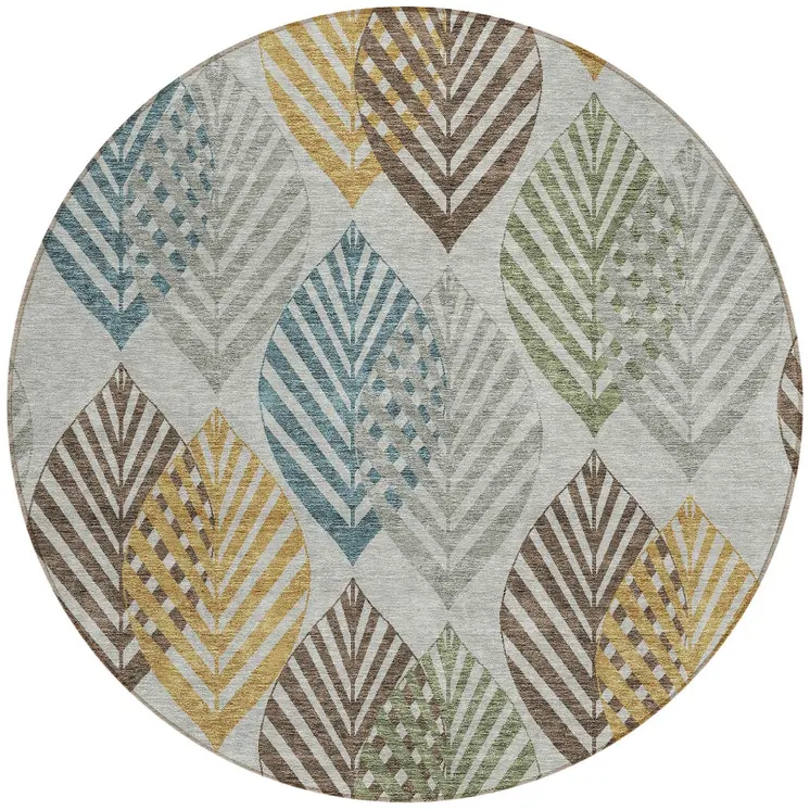 8' Gray Silver And Teal Blue Round Floral Washable Indoor Outdoor Area Rug