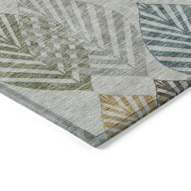 9' X 12' Gray Silver And Teal Blue Floral Washable Indoor Outdoor Area Rug