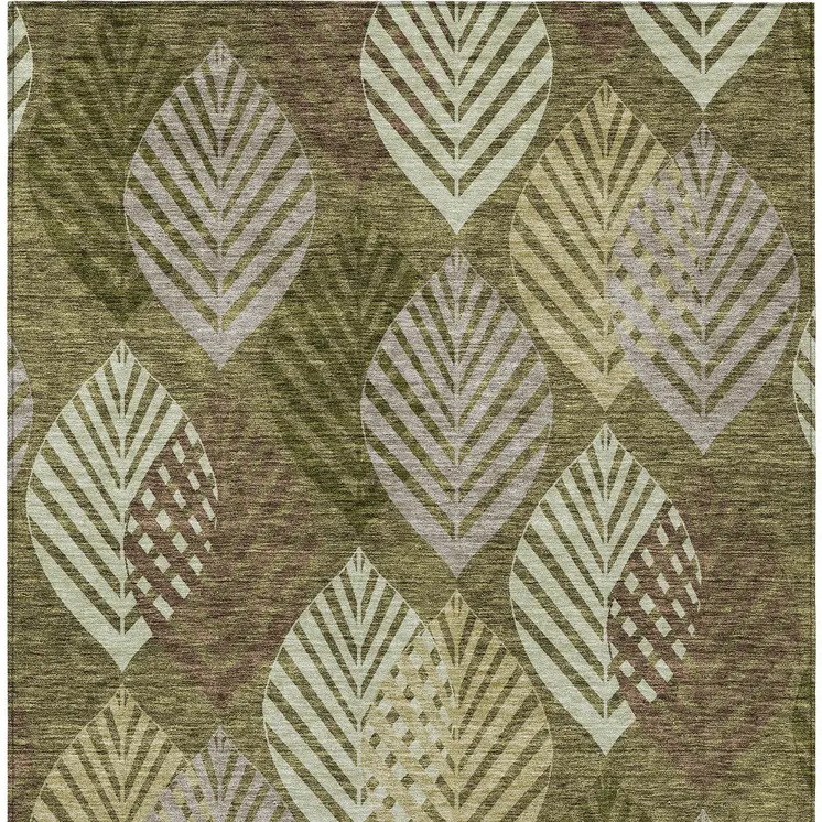 8' X 10' Olive Green Artichoke Green And Gray Floral Washable Indoor Outdoor Area Rug