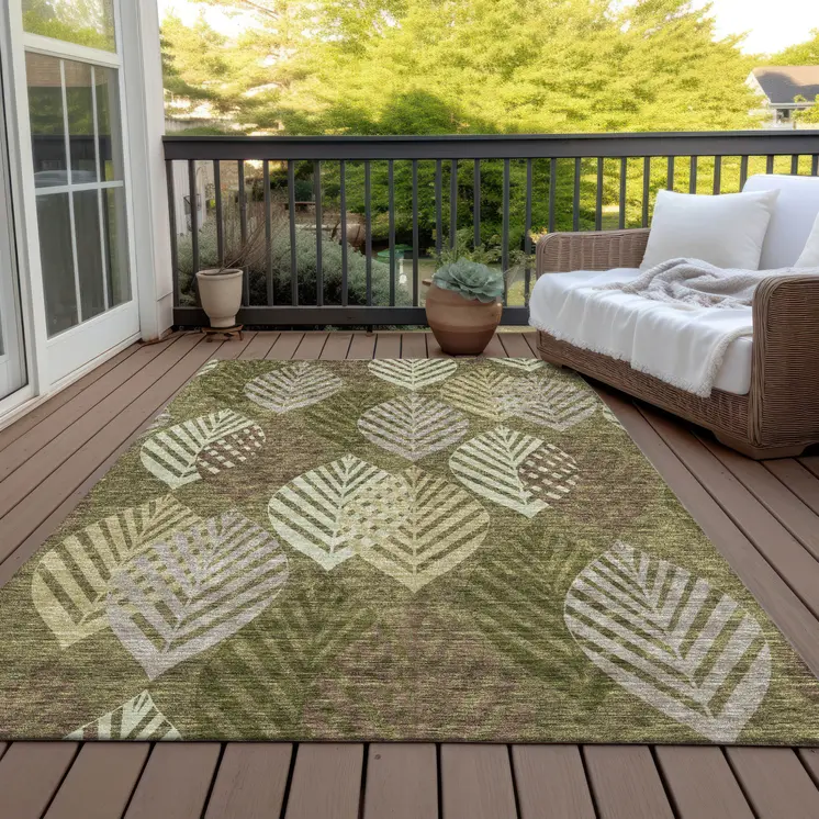 8' X 10' Olive Green Artichoke Green And Gray Floral Washable Indoor Outdoor Area Rug