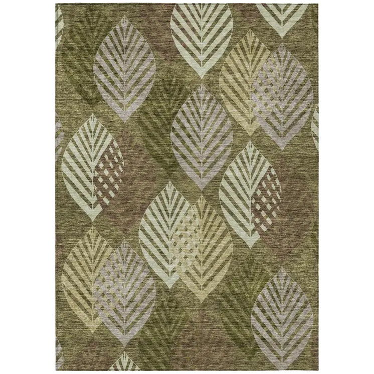 8' X 10' Olive Green Artichoke Green And Gray Floral Washable Indoor Outdoor Area Rug