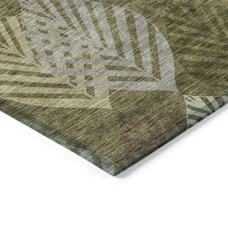 8' X 10' Olive Green Artichoke Green And Gray Floral Washable Indoor Outdoor Area Rug