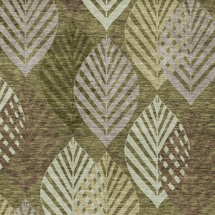8' X 10' Olive Green Artichoke Green And Gray Floral Washable Indoor Outdoor Area Rug