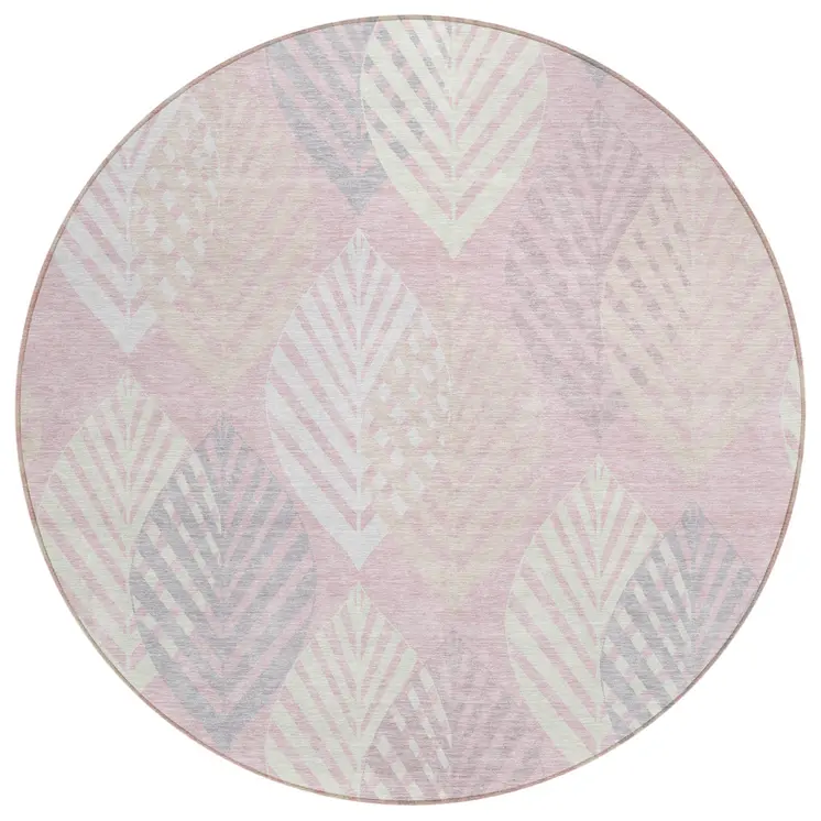 8' Pink Ivory And Beige Round Floral Washable Indoor Outdoor Area Rug