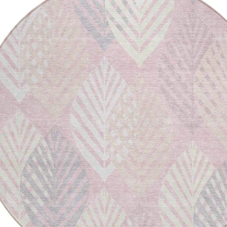 8' Pink Ivory And Beige Round Floral Washable Indoor Outdoor Area Rug